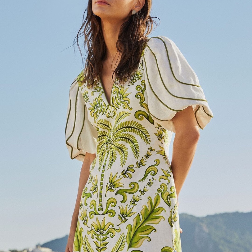 XS FARM Rio Milani Floral Print Linen Mini Dress, Off-White/Green, NWT 🇧🇷